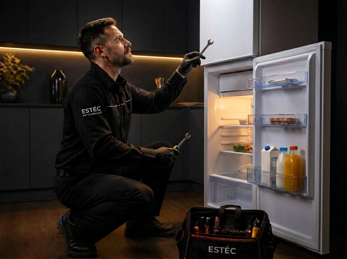 Técnico da ESTÉC Refrigeração avaliando uma geladeira durante atendimento